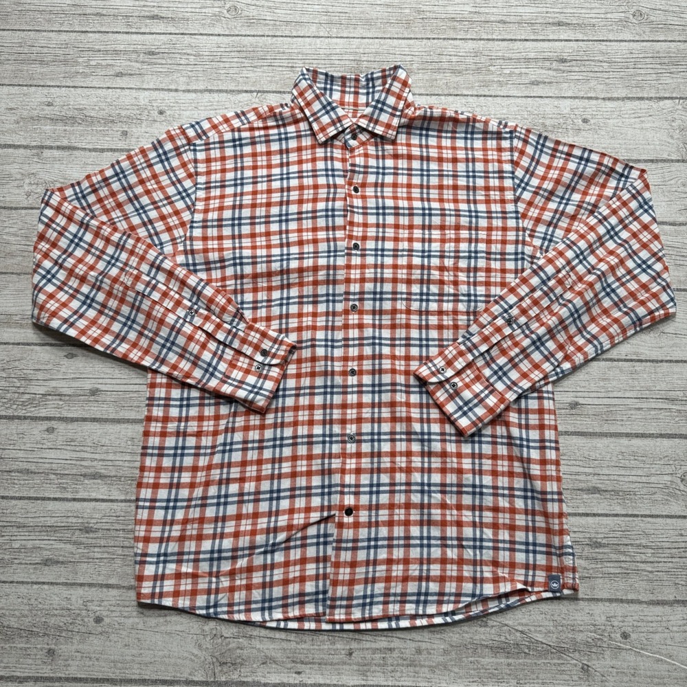 Peter Millar Dress Shirt Men's Medium Orange Blue Plaid Long Sleeve Button Down